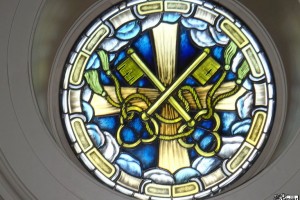 Cross Keys Round Stained Glass Window Shrine of Our Lady of Guadalupe La Crosse WI
