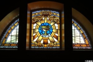 Cup Chalice Half Circle Stained Glass Window Shrine of Our Lady of Guadalupe La Crosse WI