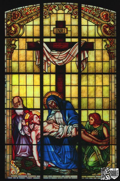 Mary Jesus Cross Traditional Stained Glass Window Shrine of Our Lady of Guadalupe La Crosse WI